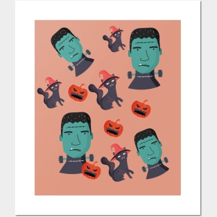 Cute Frankenstein, Cat and Frankenstein, Frankenstein Monster, Frankly Funny Gift, Halloween Gift for Kids Posters and Art